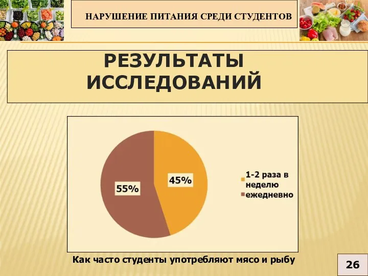 НАРУШЕНИЕ ПИТАНИЯ СРЕДИ СТУДЕНТОВ 26 РЕЗУЛЬТАТЫ ИССЛЕДОВАНИЙ Как часто студенты употребляют мясо и рыбу