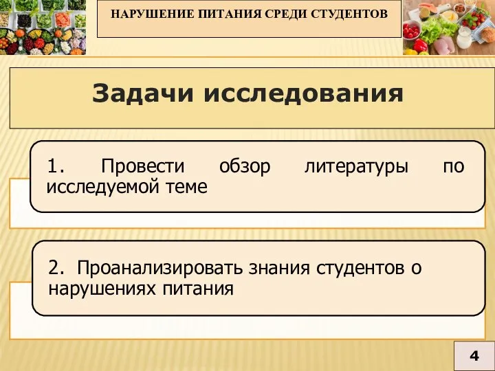 НАРУШЕНИЕ ПИТАНИЯ СРЕДИ СТУДЕНТОВ 4 Задачи исследования