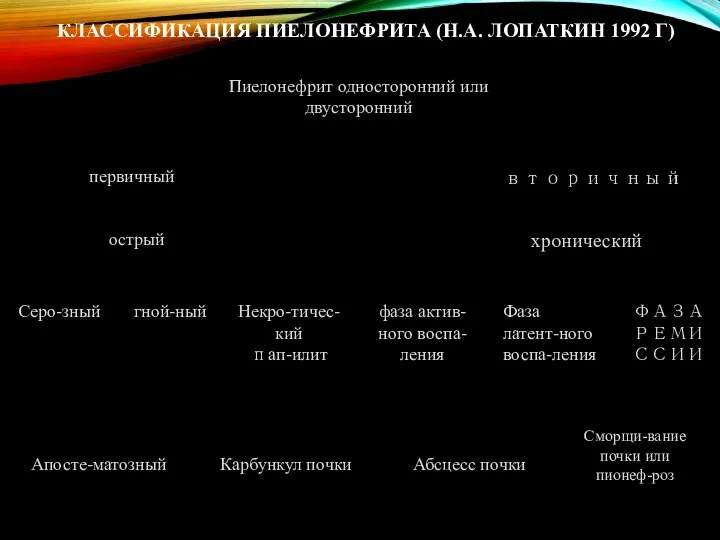 Пиелонефрит односторонний или двусторонний первичный вторичный острый хронический Серо-зный гной-ный Некро-тичес-кий пап-илит