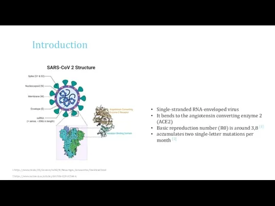 Introduction 1 https://www.rki.de/DE/Content/InfAZ/N/Neuartiges_Coronavirus/Steckbrief.html 2 https://www.nature.com/articles/d41586-020-02544-6 Single-stranded RNA-enveloped virus It bends to the