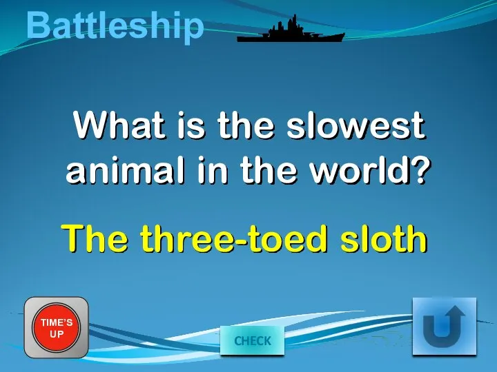 Battleship What is the slowest animal in the world? TIME’S UP The three-toed sloth CHECK