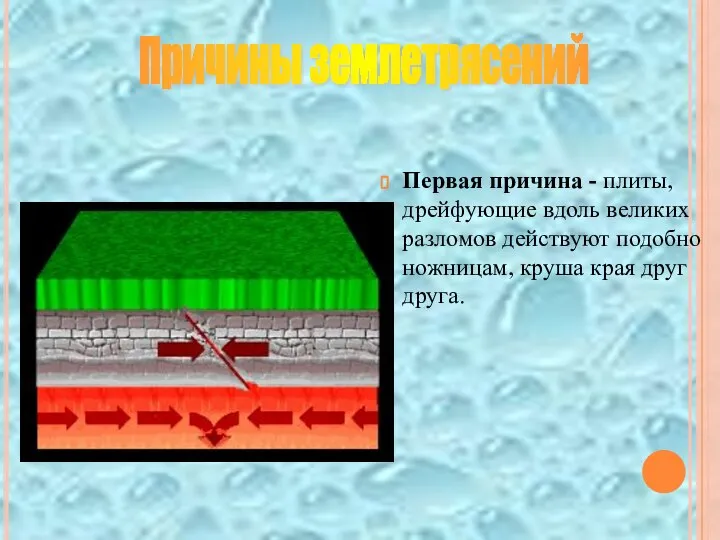 Первая причина - плиты, дрейфующие вдоль великих разломов действуют подобно ножницам, круша