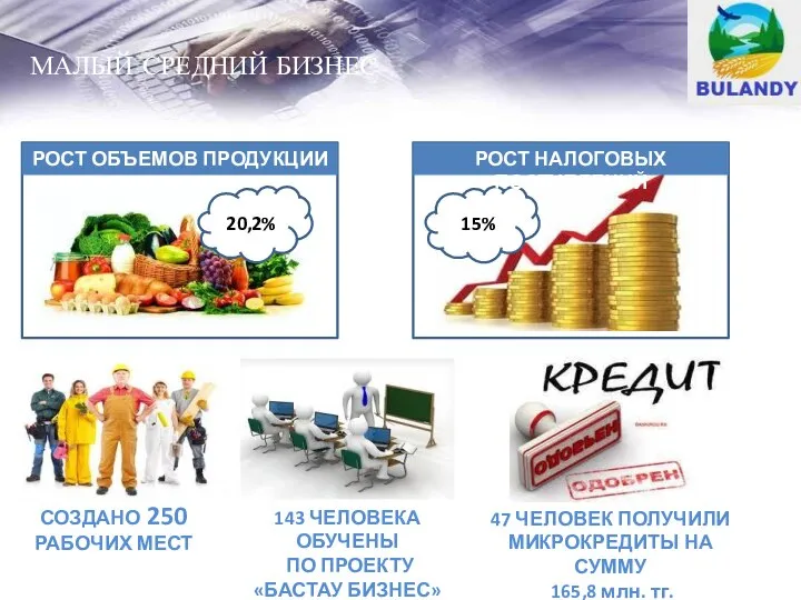 МАЛЫЙ СРЕДНИЙ БИЗНЕС РОСТ ОБЪЕМОВ ПРОДУКЦИИ 20,2% 15% РОСТ НАЛОГОВЫХ ПОСТУПЛЕНИЙ СОЗДАНО