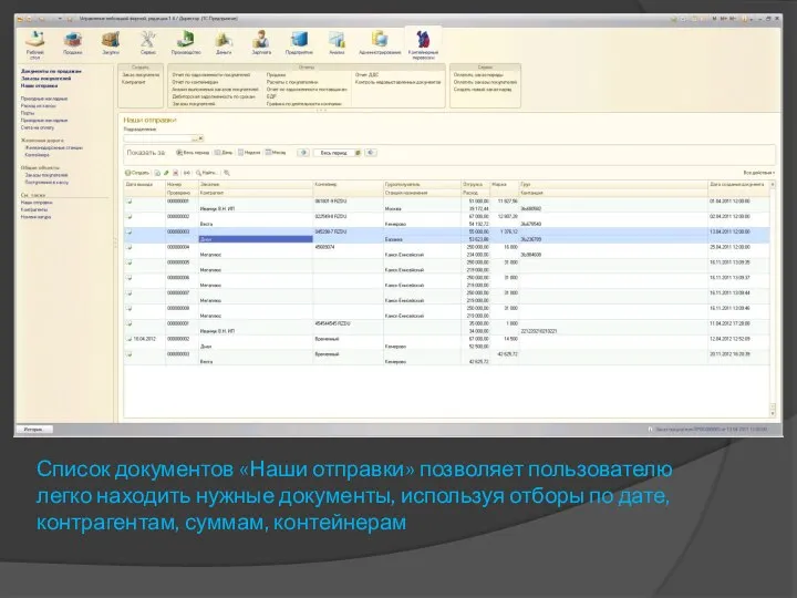 Список документов «Наши отправки» позволяет пользователю легко находить нужные документы, используя отборы