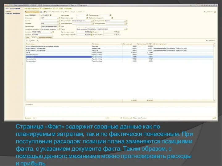 Страница «Факт» содержит сводные данные как по планируемым затратам, так и по