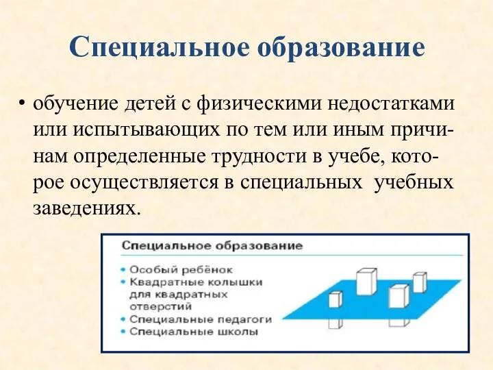 Специальное образование обучение детей с физическими недостатками или испытывающих по тем или