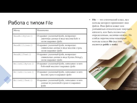 Работа с типом File File — это статический класс, все методы которого