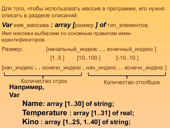 Для того, чтобы использовать массив в программе, его нужно описать в разделе