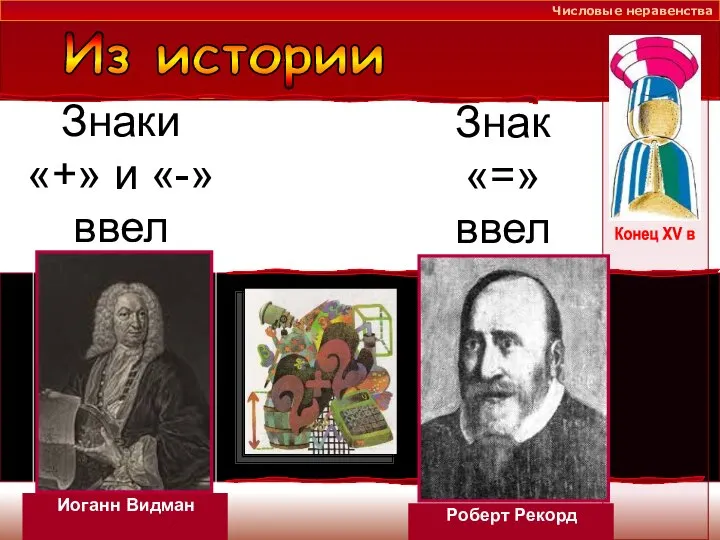 Знаки «+» и «-» ввел Числовые неравенства Из истории Иоганн Видман Роберт Рекорд Знак «=» ввел