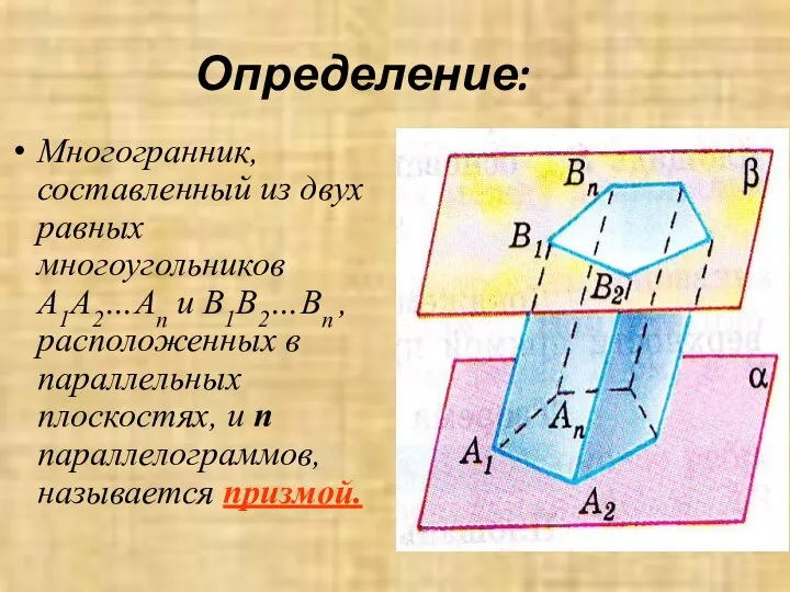 Определение: Многогранник, составленный из двух равных многоугольников A1A2…An и B1B2…Bn , расположенных