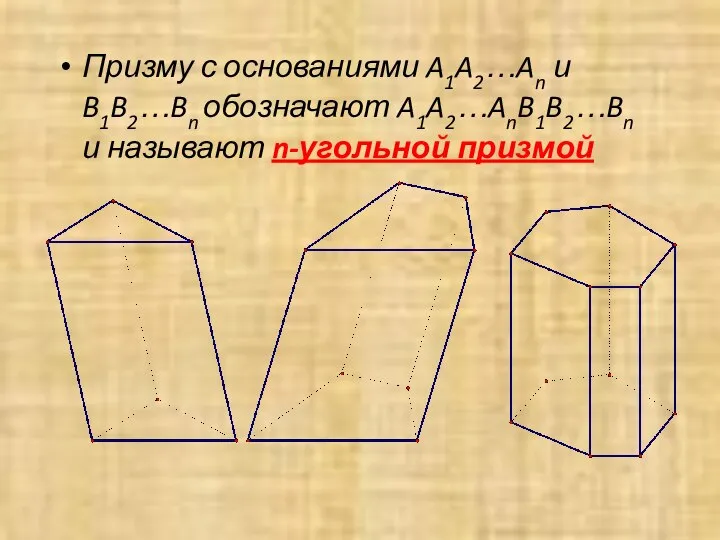 Призму с основаниями A1A2…An и B1B2…Bn обозначают A1A2…AnB1B2…Bn и называют n-угольной призмой