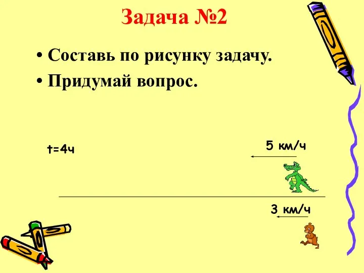 Задача №2 Составь по рисунку задачу. Придумай вопрос. 3 км/ч 5 км/ч t=4ч