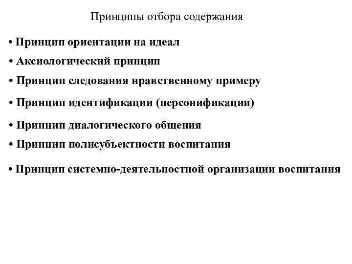 Принципы отбора содержания Принцип ориентации на идеал Аксиологический принцип Принцип следования нравственному