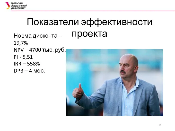 Показатели эффективности проекта Норма дисконта – 19,7% NPV – 4700 тыс. руб.