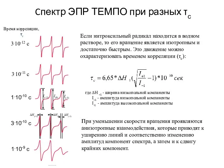 Cпектр ЭПР ТЕМПО при разных τс Время корреляции, τc Если нитроксильный радикал