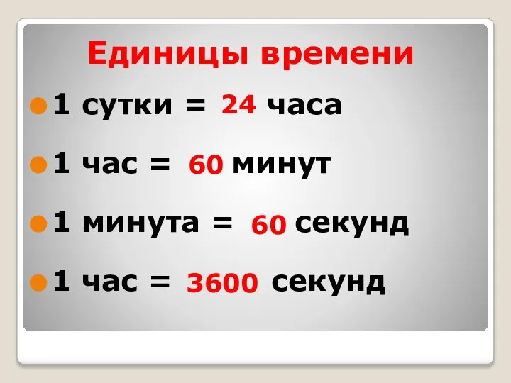 Единицы времени 1 сутки = часа 1 час = минут 1 минута