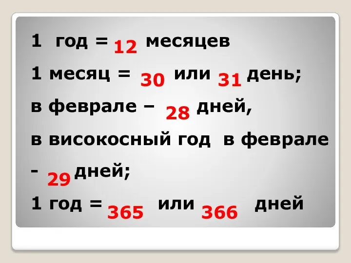 1 год = месяцев 1 месяц = или день; в феврале –