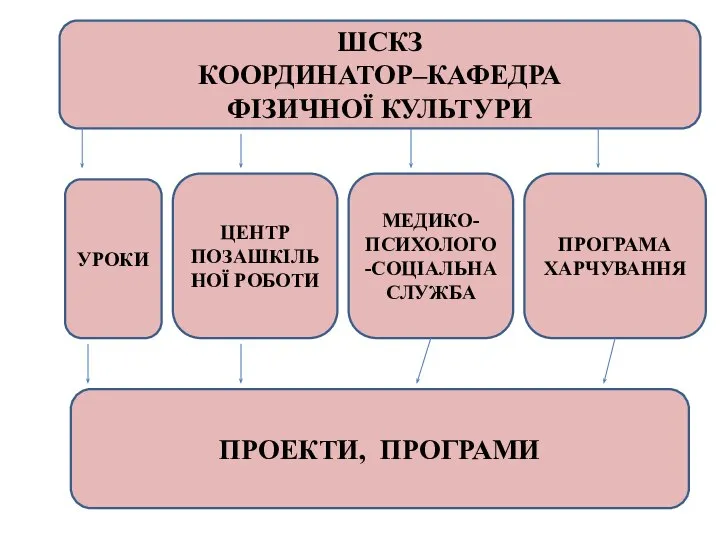 ШСКЗ КООРДИНАТОР–КАФЕДРА ФІЗИЧНОЇ КУЛЬТУРИ УРОКИ ЦЕНТР ПОЗАШКІЛЬНОЇ РОБОТИ ПРОГРАМА ХАРЧУВАННЯ ПРОЕКТИ, ПРОГРАМИ МЕДИКО-ПСИХОЛОГО-СОЦІАЛЬНА СЛУЖБА