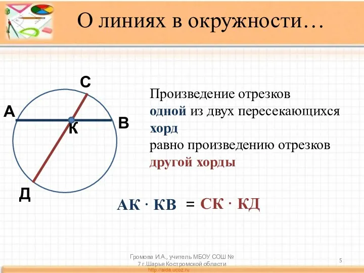 Произведение отрезков одной из двух пересекающихся хорд равно произведению отрезков другой хорды