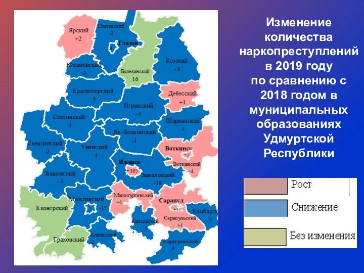 Изменение количества наркопреступлений в 2019 году по сравнению с 2018 годом в муниципальных образованиях Удмуртской Республики