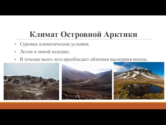 Климат Островной Арктики Суровые климатические условия; Летом и зимой холодно; В течение