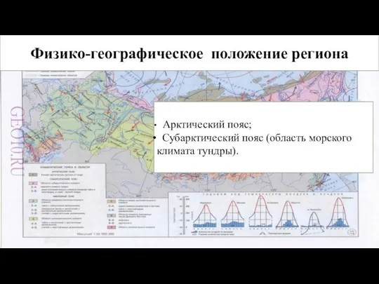 Физико-географическое положение региона Арктический пояс; Субарктический пояс (область морского климата тундры).