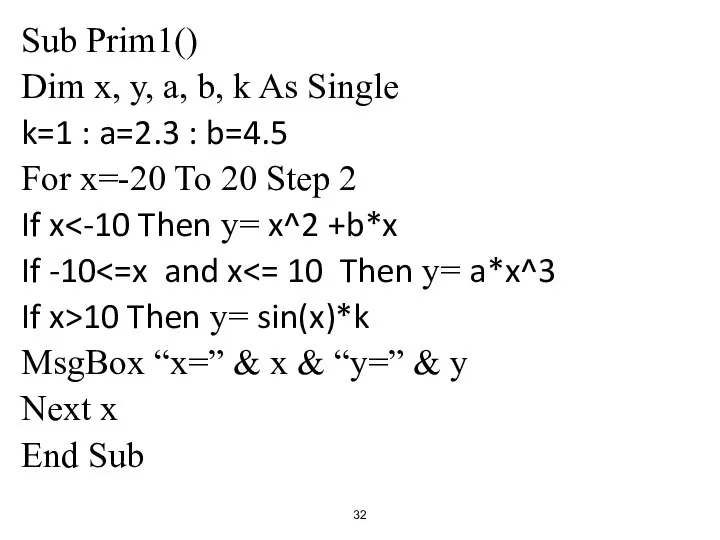Sub Prim1() Dim x, y, a, b, k As Single k=1 :