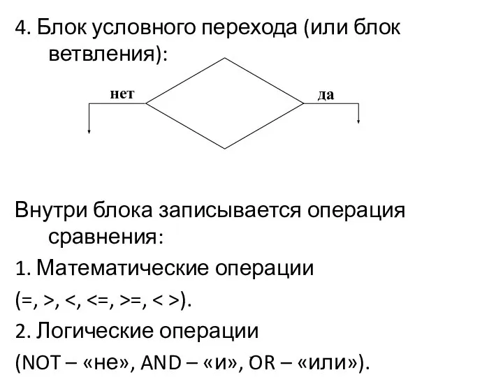 4. Блок условного перехода (или блок ветвления): Внутри блока записывается операция сравнения: