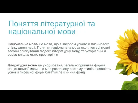 Поняття літературної та національної мови Національна мова- це мова, що є засобом