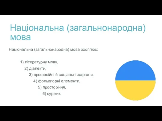 Національна (загальнонародна) мова Національна (загальнонародна) мова охоплює: 1) літературну мову, 2) діалекти,