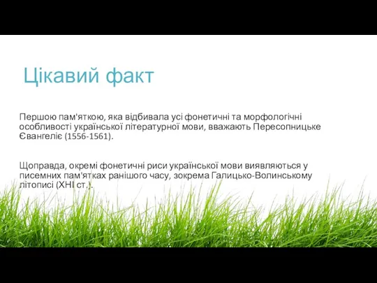 Цікавий факт Першою пам'яткою, яка відбивала усі фонетичні та морфологічні особливості української