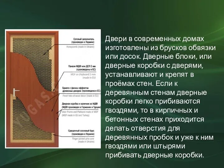 Двери в современных домах изготовлены из брусков обвязки или досок. Дверные блоки,