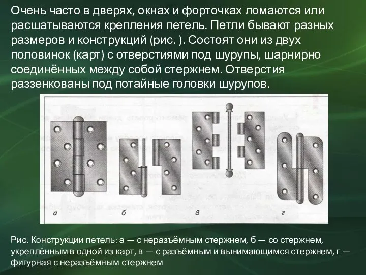 Очень часто в дверях, окнах и форточках ломаются или расшатываются крепления петель.