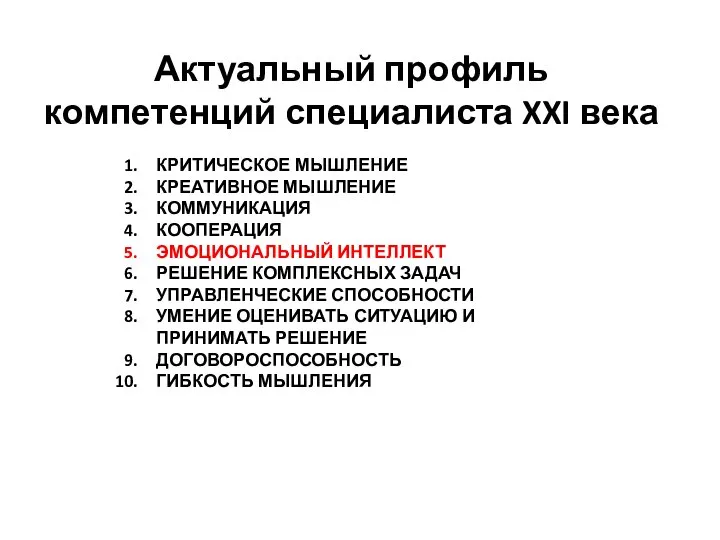 Актуальный профиль компетенций специалиста XXI века КРИТИЧЕСКОЕ МЫШЛЕНИЕ КРЕАТИВНОЕ МЫШЛЕНИЕ КОММУНИКАЦИЯ КООПЕРАЦИЯ