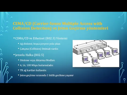 CSMA/CD (Carrier-Sense Multiple Access with Collision Detection) ve Jeton Geçirme yöntemleri CSMA/CD