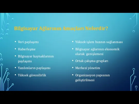 Bilgisayar Ağlarının Amaçları Nelerdir? Veri paylaşımı Haberleşme Bilgisayar kaynaklarının paylaşımı Yazılımların paylaşımı