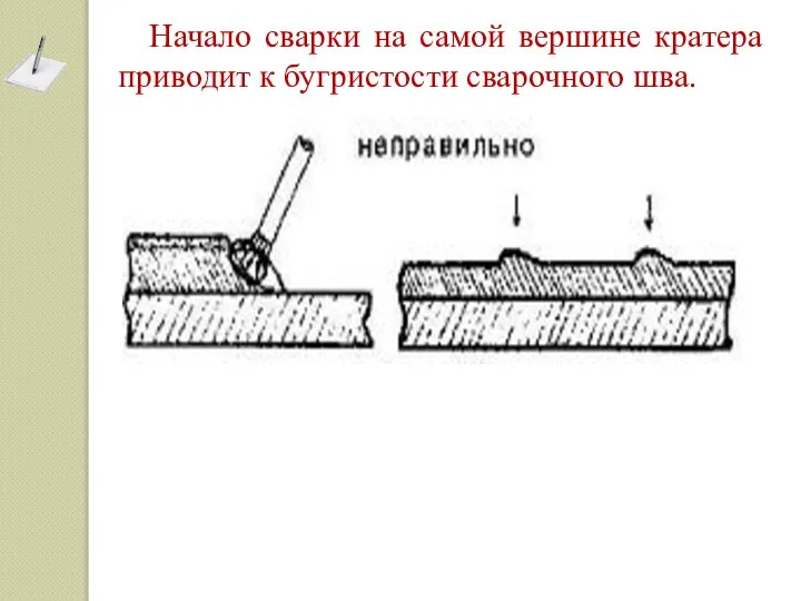 Начало сварки на самой вершине кратера приводит к бугристости сва­рочного шва.