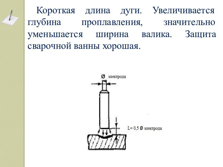 Короткая длина дуги. Увеличивается глубина проплавления, значительно уменьшается ширина валика. Защита сварочной ванны хорошая.