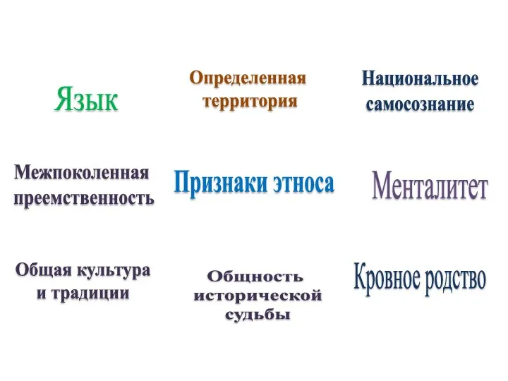 Признаки этноса Язык Определенная территория Национальное самосознание Кровное родство Общность исторической судьбы