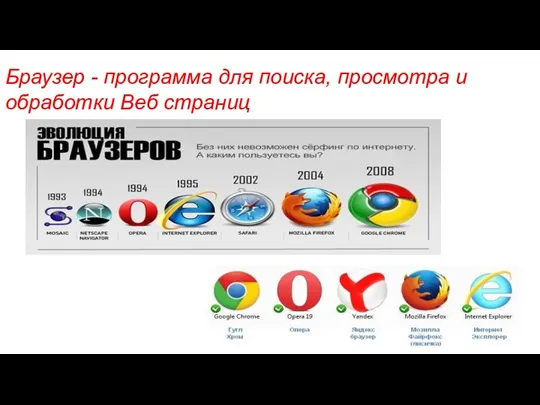 Браузер - программа для поиска, просмотра и обработки Веб страниц