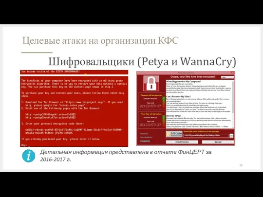 Целевые атаки на организации КФС Шифровальщики (Petya и WannaCry) Детальная информация представлена