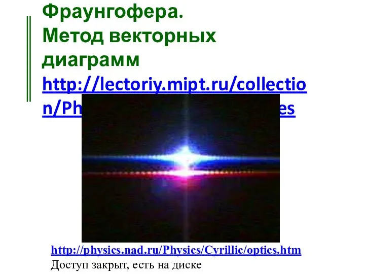 2.5.Дифракция Фраунгофера. Метод векторных диаграмм http://lectoriy.mipt.ru/collection/Physics-Optics-15D#lectures http://physics.nad.ru/Physics/Cyrillic/optics.htm Доступ закрыт, есть на диске