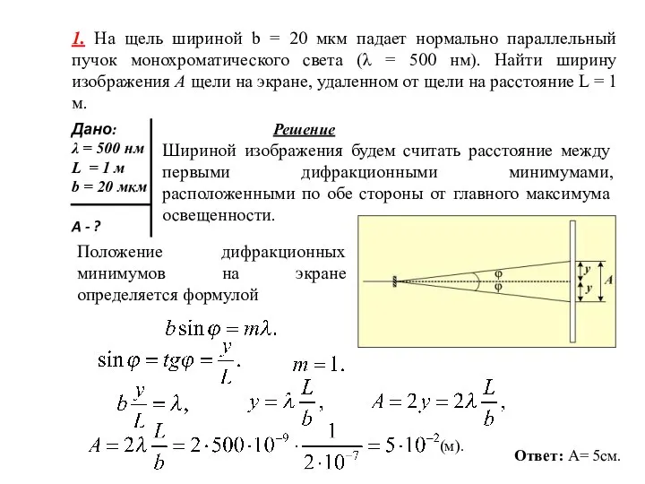 1. На щель шириной b = 20 мкм падает нормально параллельный пучок