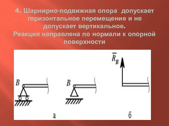 4. Шарнирно-подвижная опора допускает горизонтальное перемещение и не допускает вертикальное. Реакция направлена