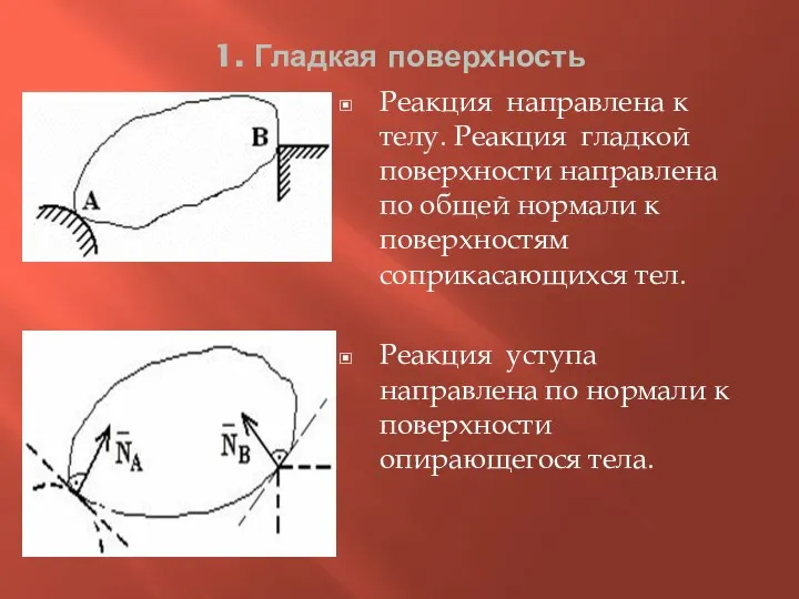 1. Гладкая поверхность Реакция направлена к телу. Реакция гладкой поверхности направлена по