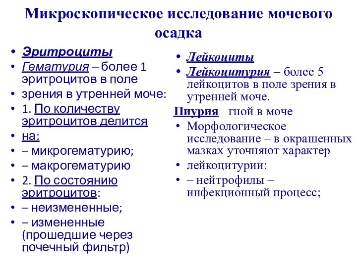 Микроскопическое исследование мочевого осадка Эритроциты Гематурия – более 1 эритроцитов в поле