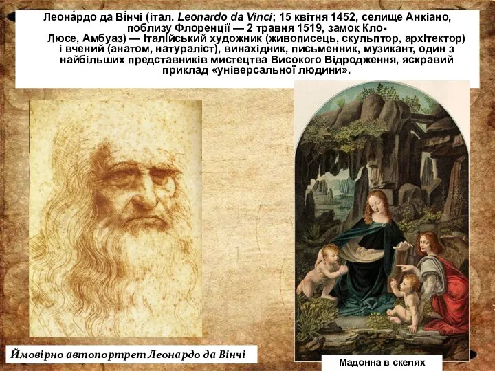 Леона́рдо да Ві́нчі (італ. Leonardo da Vinci; 15 квітня 1452, селище Анкіано,