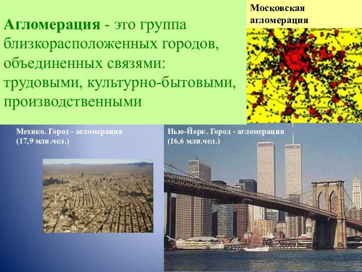 Агломерация - это группа близкорасположенных городов, объединенных связями: трудовыми, культурно-бытовыми, производственными Московская