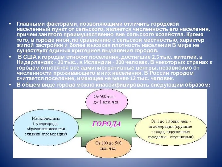 Главными факторами, позволяющими отличить городской населенный пункт от сельского, является численность его