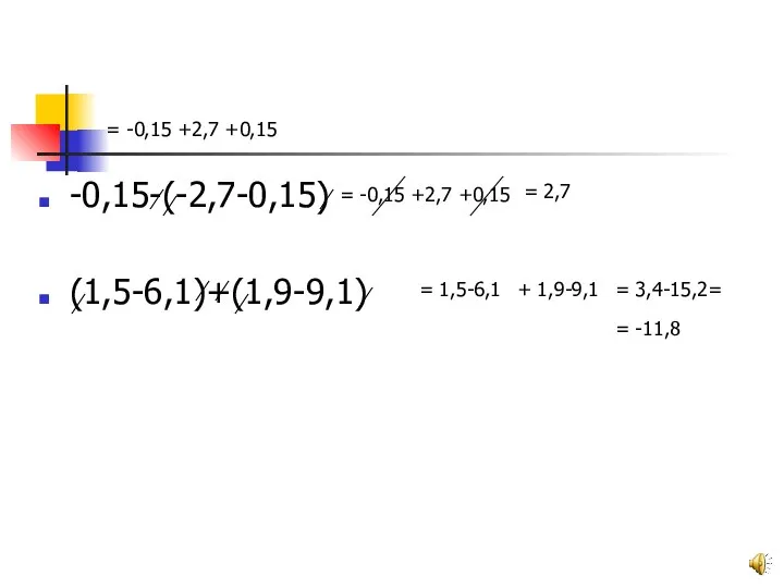 = -0,15 +2,7 +0,15 -0,15-(-2,7-0,15) (1,5-6,1)+(1,9-9,1) = -0,15 +2,7 +0,15 = 2,7